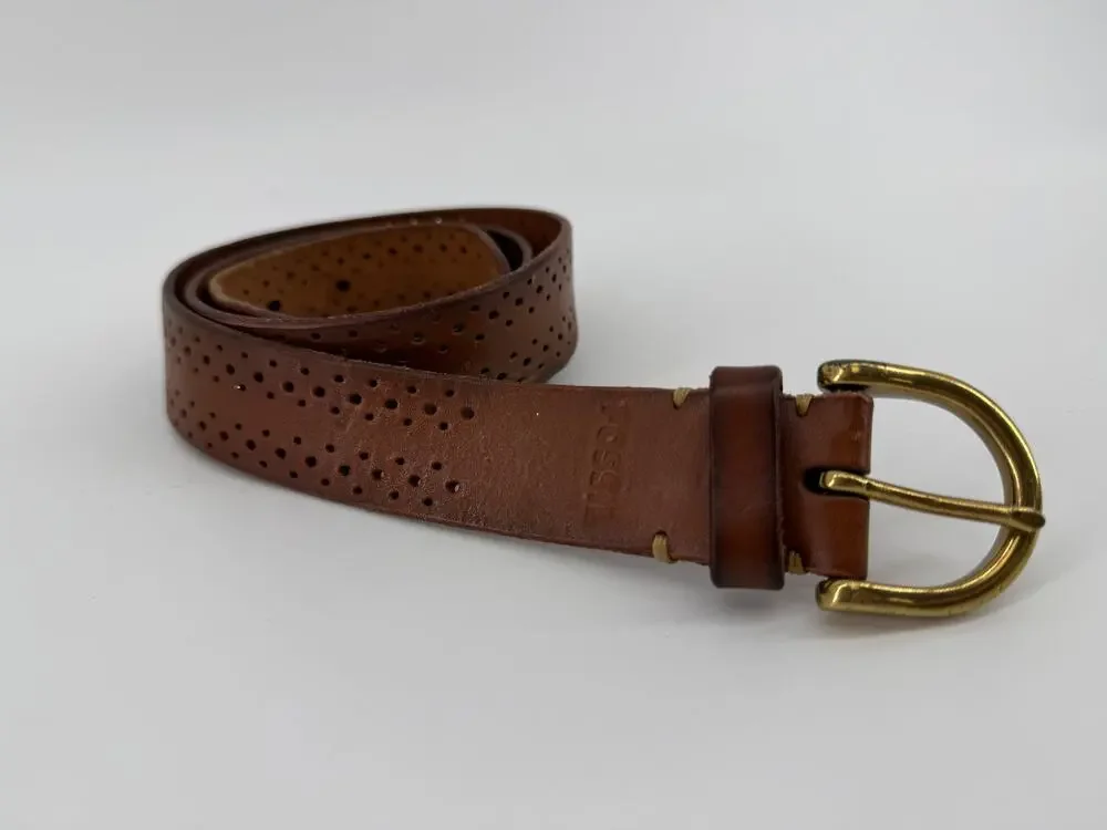 Fossil Leather Belt Perforated Cutout Boho Brass Buckle Brown 41 Inch